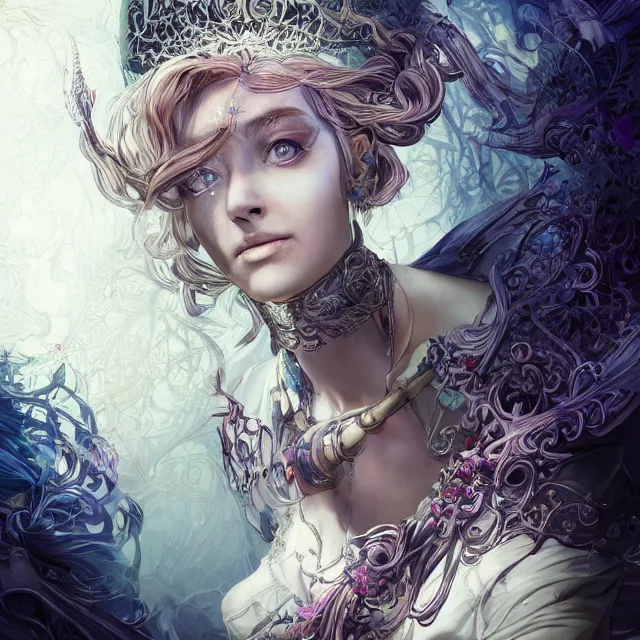 Image similar to the portrait of the lawful evil sorceress lawyer as an absurdly beautiful, graceful, elegant, jaded, woman, an ultrafine hyperdetailed illustration by kim jung gi, irakli nadar, intricate linework, bright colors, octopath traveler, final fantasy, unreal engine 5 highly rendered, global illumination, radiant light, detailed and intricate environment