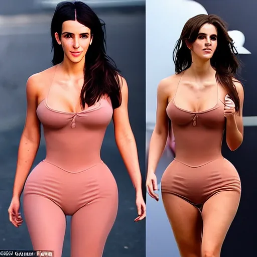 Image similar to a woman who is a genetic combination of kim kardashian and emma watson face and upper - body focus