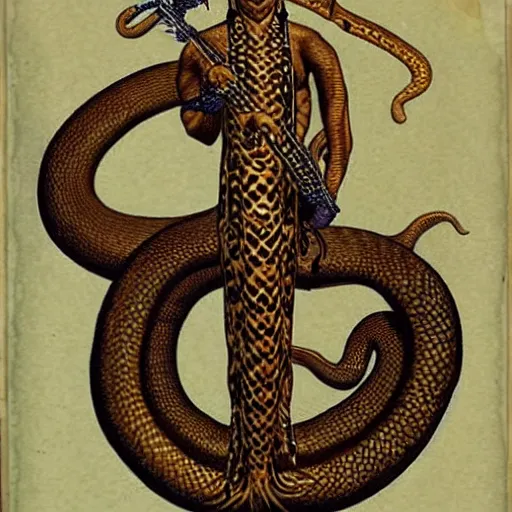 Prompt: A human bard, lower half of his body is snake, like a Naga, Naga-Tirr, Naga-Hakash, snake, mixed with snake