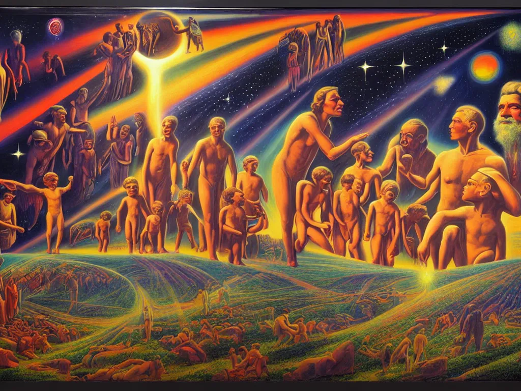 Prompt: a beautiful future for human evolution, spiritual science, holy divinity, utopian, by david a. hardy, wpa, public works mural, socialist
