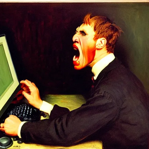 Image similar to an angry man yells at his computer monitor, oil on canvas, 1 9 0 1