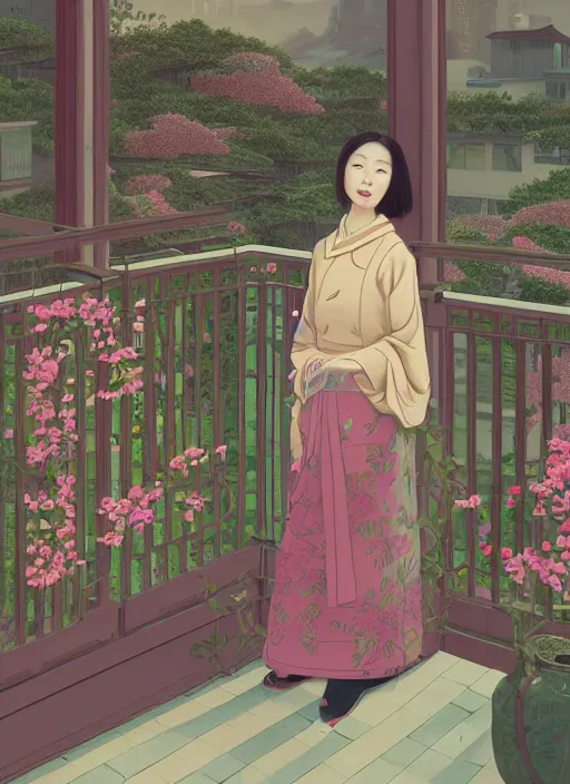 Prompt: Portrait of a Luxurious Korean woman standing on a balcony, female, richly detailed color illustration of a rotocoped-animation-of-flowers-flowing illustrated, detailed face, 19th century, cinematic lighting, digital art painting by simon stalenhag