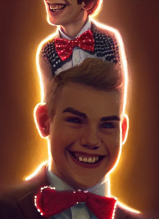 Image similar to portrait of teenage archie andrews, freckles, curly middle part haircut, curly hair, middle part hairstyle, smiling kindly, wearing a bowtie and sweater vest, intricate, elegant, glowing lights, highly detailed, digital painting, artstation, concept art, smooth, sharp focus, illustration, art by wlop, mars ravelo and greg rutkowski