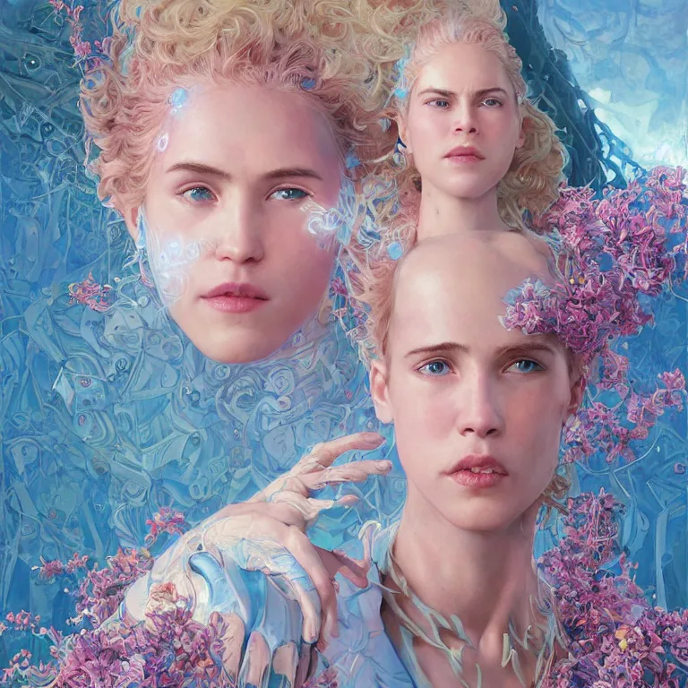 Prompt: professional portrait of a swirly pink haired cyborg from movie ex machina wearing baby blue greek clothes, muted colors, colorful flowers, tropical, sunlight filtering through skin, dynamic hair movement, dynamic pose, glowing butterflies, j. c leyendecker, by alan lee, wlop! illustrated by starember, fantasy art by craig mullins