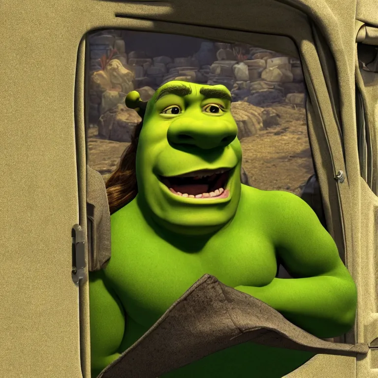 Image similar to Shrek living in a van with long hair , cinematic lighting, photorealistic image, 8k, ultra detailed, high resolution,