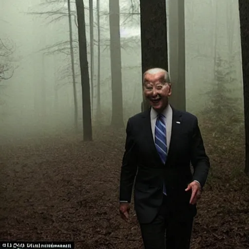 Image similar to joe biden seein in the foggy woods with a devilish grin in his face in the new horror movie, creepy