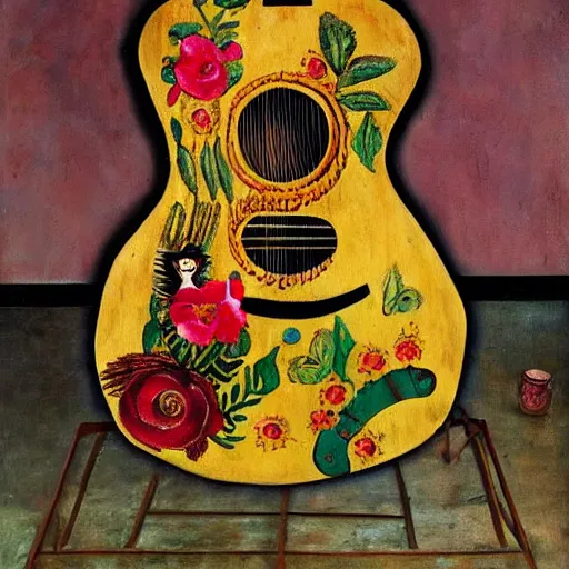 Prompt: guitar made out of human skin decaying with flowers in a frida kahlo painting style
