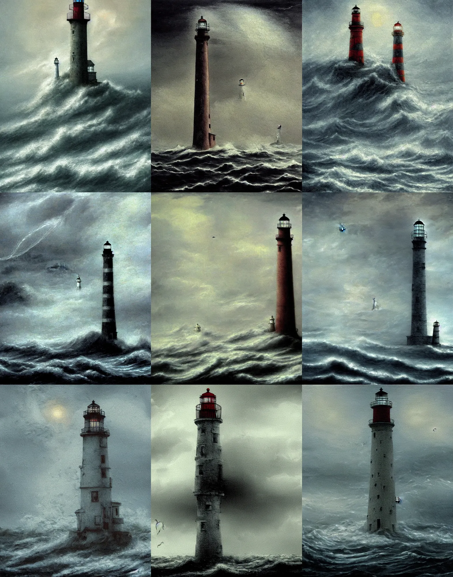 Prompt: dilapidated lighthouse being battered by waves in a storm. intricate artwork by artstation. Surrealist painting. Francis Bacon, Heronymous Bosch, Ian Miller. Foggy, hazy. Muted colors. Evil.