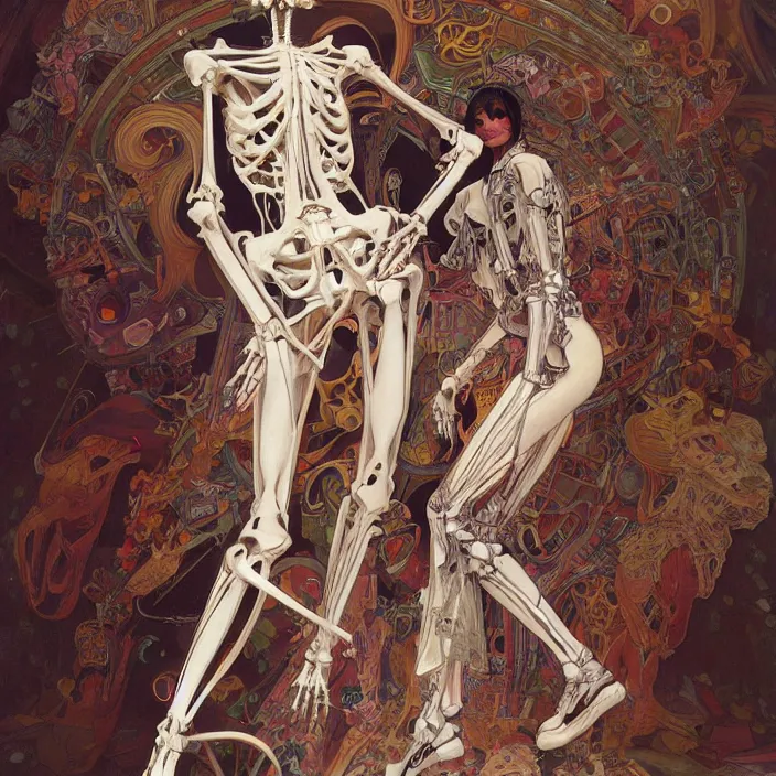 Image similar to skeletal kpop idol, full body, high fashion, futurist, aerodynamic, anatomical, ornate, slick, highly detailed, digital painting, neotenous, concept art, smooth, sharp focus, hd, art by alphonse mucha and john berkey and annie leibovitz