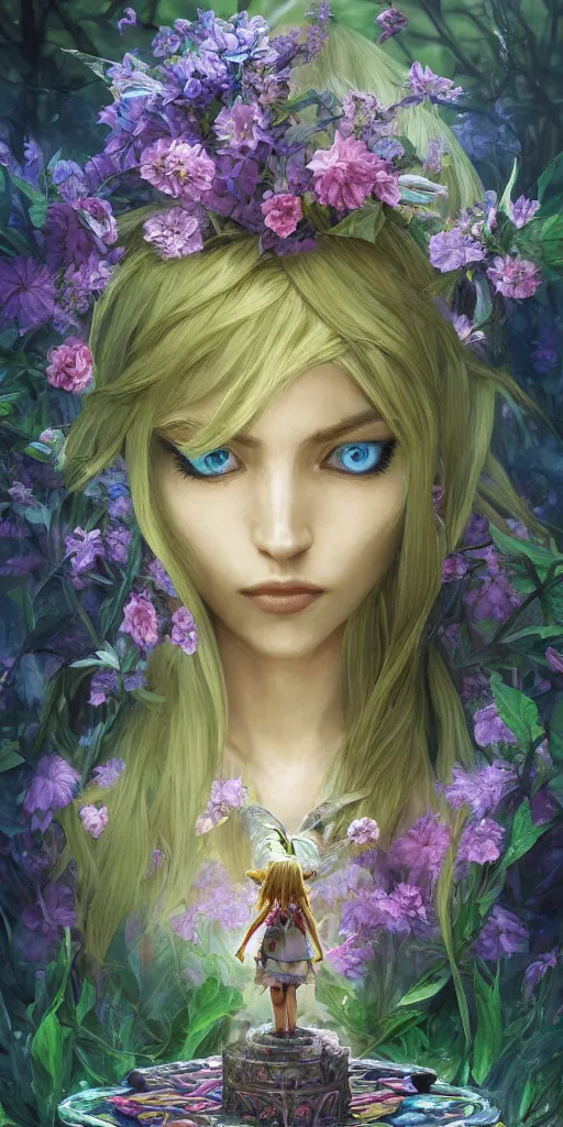 Prompt: a professional painting of the great fairy from legend of Zelda ocarina of time, long golden hair full of flowers, beautiful bone structure, symmetrical facial features, floating above a water fountain in a lush garden, , intricate, elegant, digital painting, concept art, smooth, sharp focus, illustration, from Metal Gear, by Ruan Jia and Mandy Jurgens and Artgerm and William-Adolphe Bouguereau