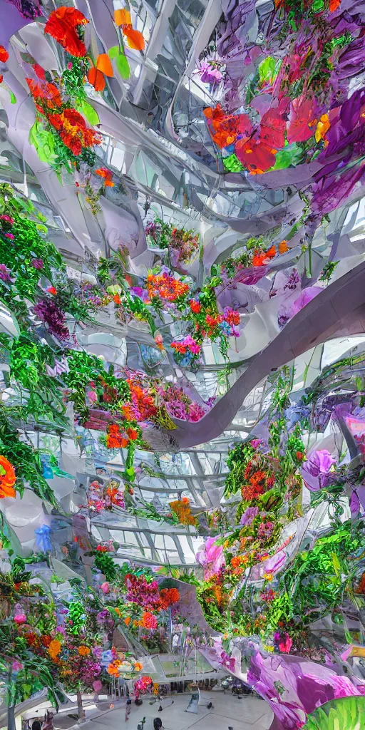 Prompt: photorealistic photo of an enormous cocoon hanging in the guggenheim museum atrium covered with colorful flowers and biomorphic forms, dynamic lighting, concept art