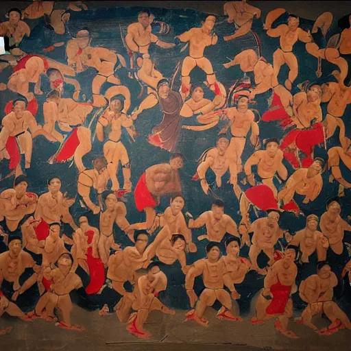 Prompt: shuai jiao chinese wrestling class in the style of sistine chapel frescoes, dramatic lighting, emotional battles