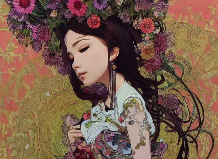 Image similar to !!! very coherent!!! oil painting, beautiful floralpunk iban bio mechanical portrait girl female illustration detailed patterns art of sarawak traditional dress, flower pop art, floral splash painting, art by ashley wood, alphonse mucha, makoto shinkai, geof darrow, dark shadow