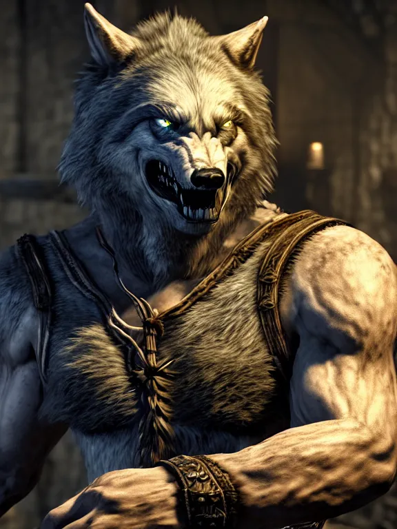 Prompt: cute handsome cuddly burly surly relaxed calm timid werewolf from van helsing unreal engine hyperreallistic render 8k character concept art masterpiece screenshot from the video game the Elder Scrolls V: Skyrim