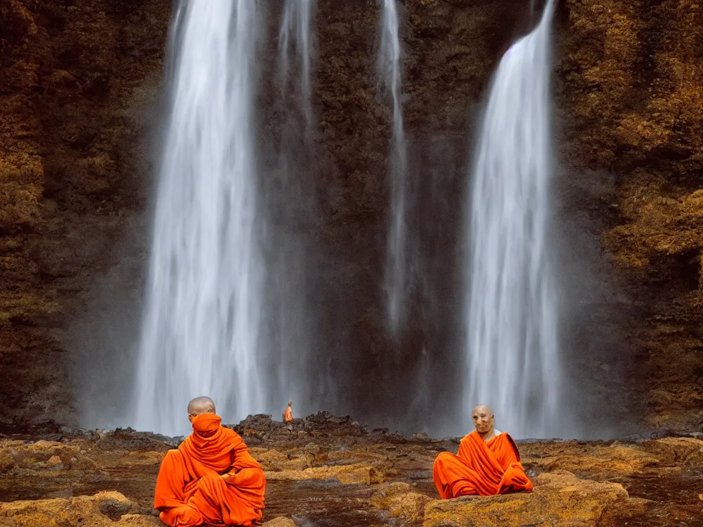 Image similar to dang ngo, annie leibovitz, steve mccurry, a simply breathtaking shot of mediating monk in orange, giantic waterfall, bright moonlight, golden ratio, wide shot, symmetrical