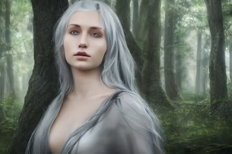 Prompt: hyperrealistic portrait of stunningly beautiful silver haired elvish girl, lit by dawn light, serious face, deep forest on background, trending on artstation,ultrawide angle, f8 , polarizer , unreal engine