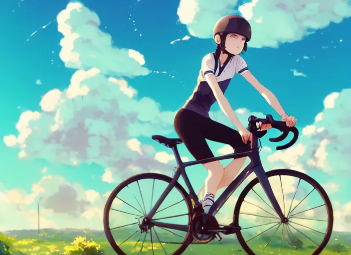 Prompt: portrait of cute girl riding road bike, sunny sky background, lush landscape, illustration concept art anime key visual trending pixiv fanbox by wlop and greg rutkowski and makoto shinkai and studio ghibli and kyoto animation, symmetrical facial features, sports clothing, aerodynamic cylcing helmet, nike cycling suit, backlit, aerodynamic frame