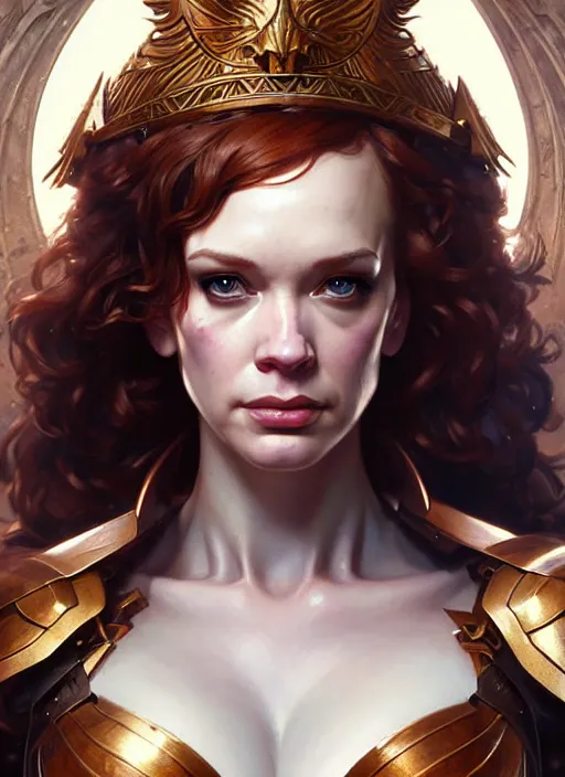 Image similar to valkyrie christina hendricks, beautiful face, highly detailed face!!!, anatomical armour, true anatomy!, extremely detailed!, digital painting, unreal engine 5, art by artgerm and greg rutkowski and alphonse mucha