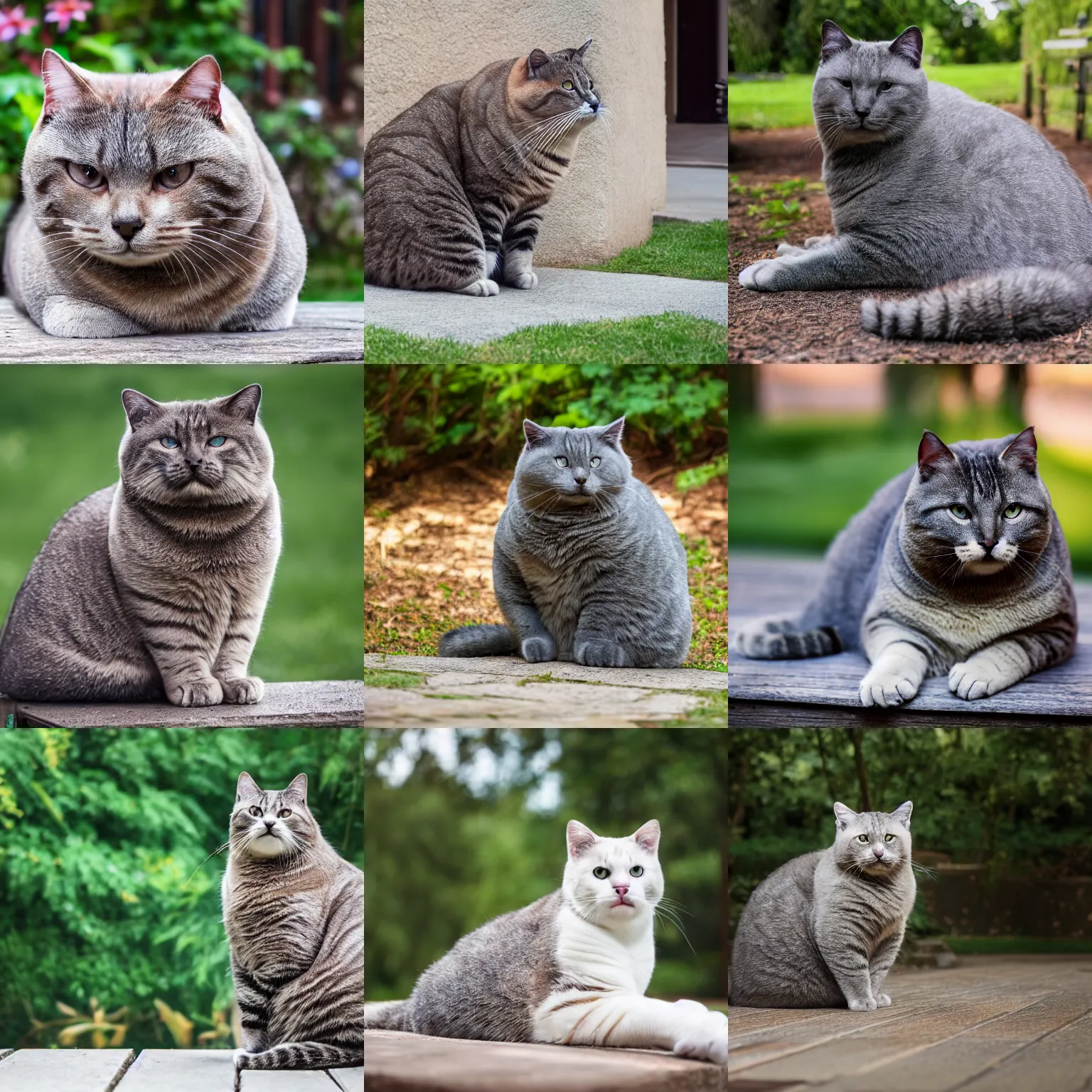 Prompt: full body view of a massive Chonker Cat sitting outdoors, professional photo, beautiful cat feet, XF IQ4, 150MP, 50mm, F1.4, ISO 200, 1/160s, natural light