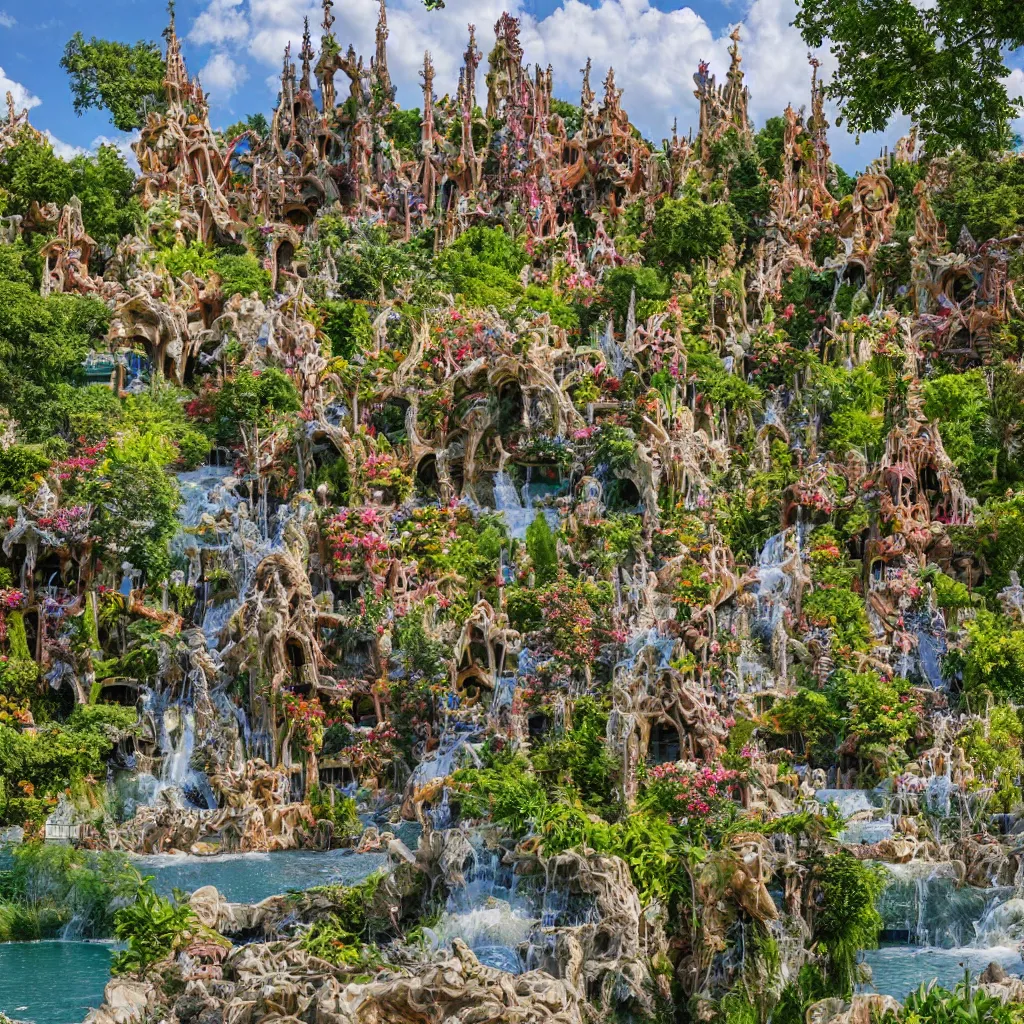 Image similar to valley village on the lake, waterfalls, flowers and intricate detailed visionary architecture and gardens by antoni gaudi, john stephens, alex gray