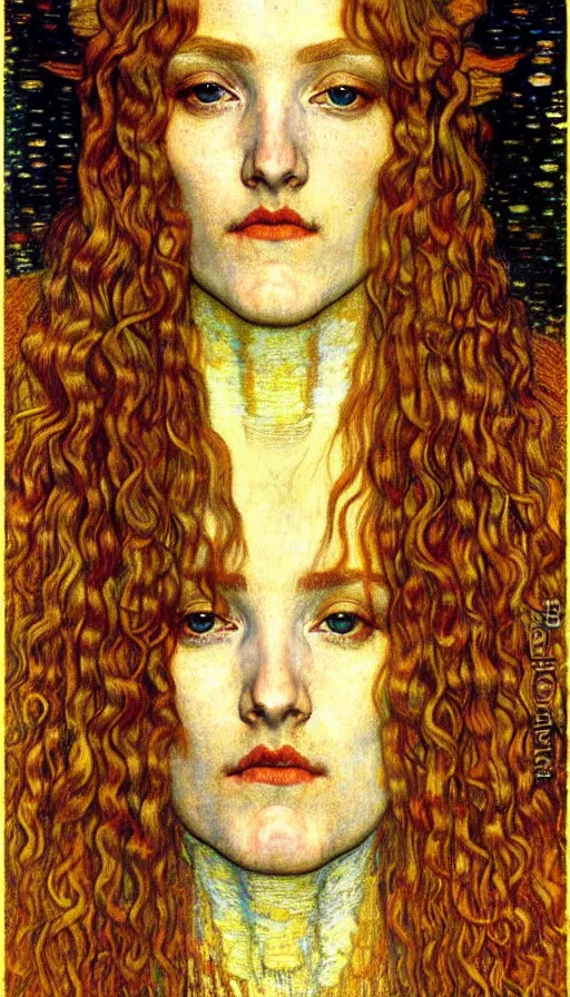 Image similar to detailed realistic beautiful young medieval queen face portrait by jean delville, gustav klimt and vincent van gogh, art nouveau, symbolist, visionary, gothic, pre - raphaelite, muted earthy colors, desaturated