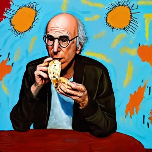 Image similar to Larry David eating a bagel in the style of Basquiat, oil painting