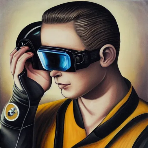 Image similar to square - jawed emotionless serious blonde woman starship engineer, tribal tattoos, handsome, short slicked - back hair, sweating, uncomfortable and anxious, looking distracted and awkward, wearing victorian dark goggles, flight suit and gloves, small spacecraft in background, highly detailed, oil painting