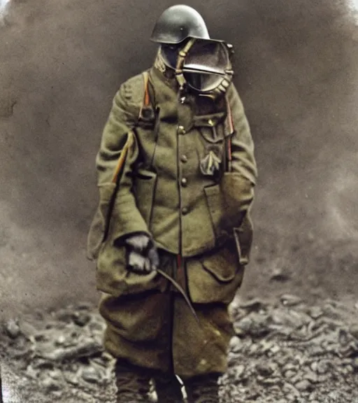 Image similar to person wearing gas mask, ww1 technicolor film photo, grainy, high detail, high resolution