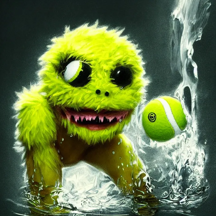 Prompt: cinematic portrait of a cute tennis ball monster in water, chalk, masterpiece, trending on artstation, featured on pixiv, cinematic composition, dramatic pose, beautiful lighting, sharp details, hyper - detailed, hd, hdr, 4 k, 8 k, art by basil gogos