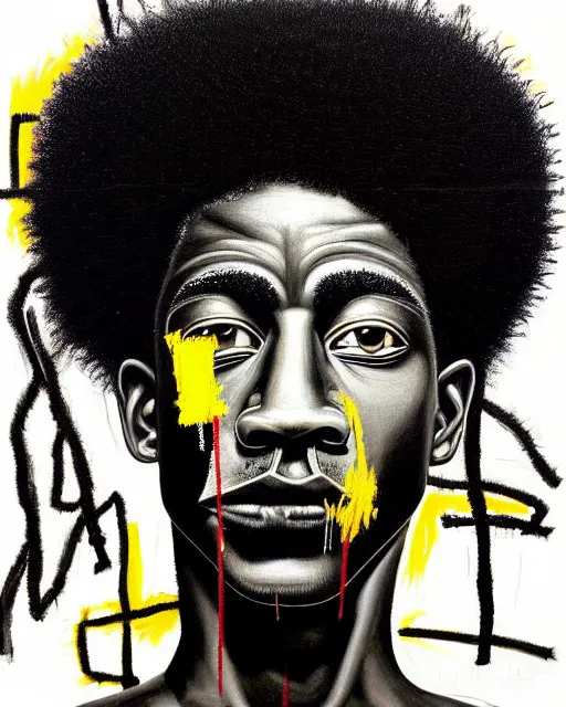 Image similar to A extremely ultra highly detailed majestic hi-res beautiful immaculate head and shoulders award winning painting stunning masterpiece of the face of a strong black african warrior man with an afro by Jean-Michel Basquiat, 8k, high textures, ultra hyper sharp, insanely detailed and intricate, super detailed, 8k HDR ultra high quality