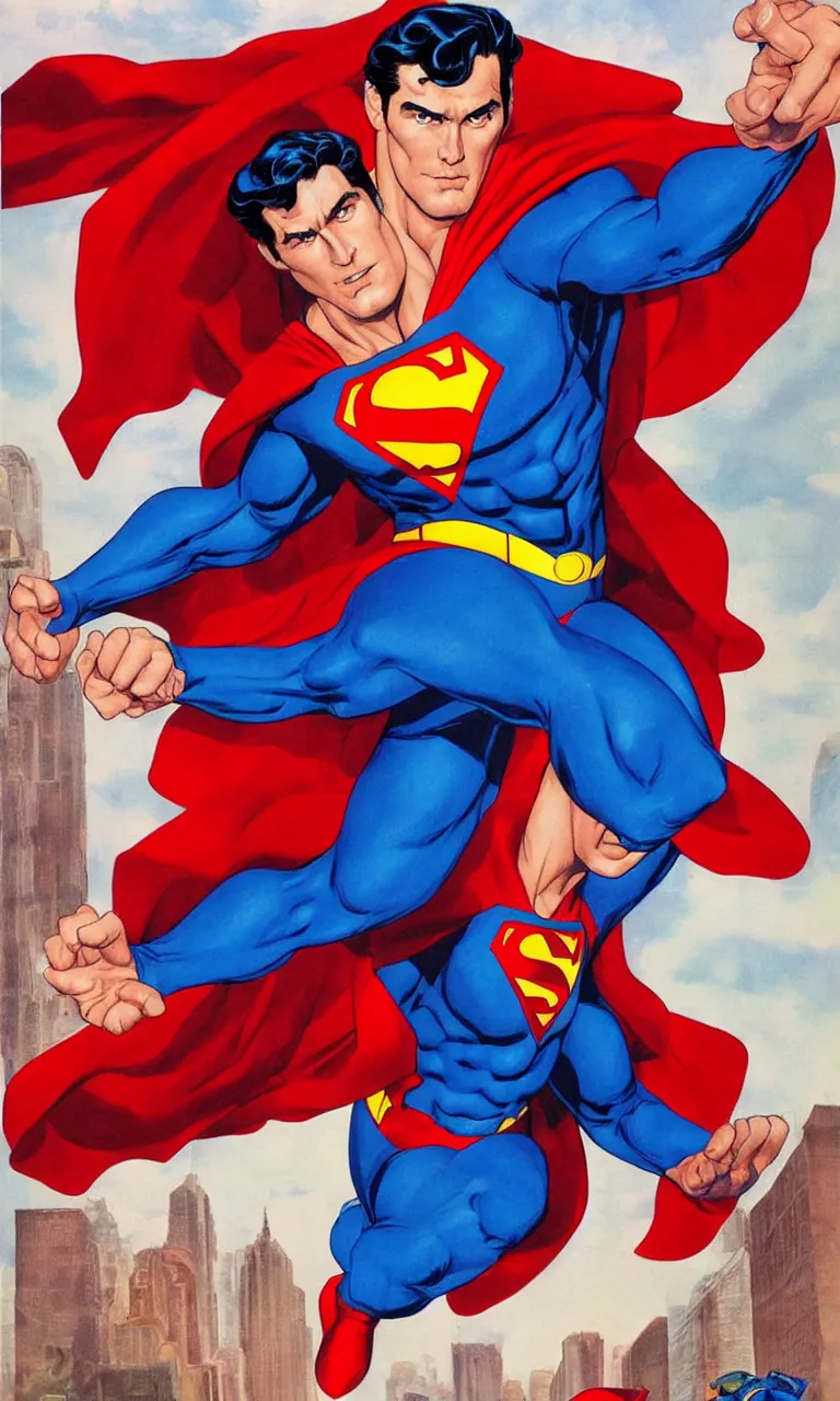 Image similar to a famous handsome actor as superman by alex ross