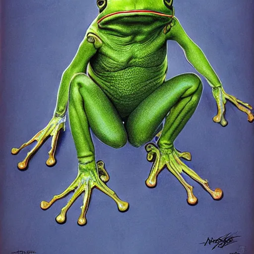 Prompt: mechanical frog, portrait by wayne barlowe
