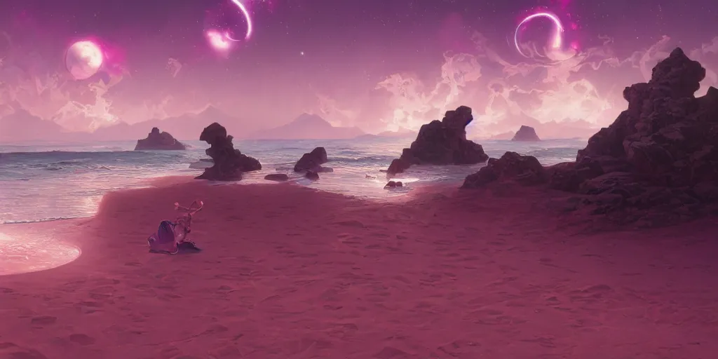 Prompt: landscape of magenta seaside a fine beach of sand with a gas giant in the heavens above, art by artgerm and greg rutkowski and alphonse mucha, concept art, octane render, unreal engine 5, highly detailed, high quality, 8 k, soft lighting, realistic face, path traced