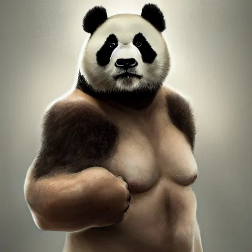 Prompt: strongman panda, au naturel, hyper detailed, digital art, trending in artstation, cinematic lighting, studio quality, smooth render, unreal engine 5 rendered, octane rendered, art style by klimt and nixeu and ian sprigger and wlop and krenz cushart