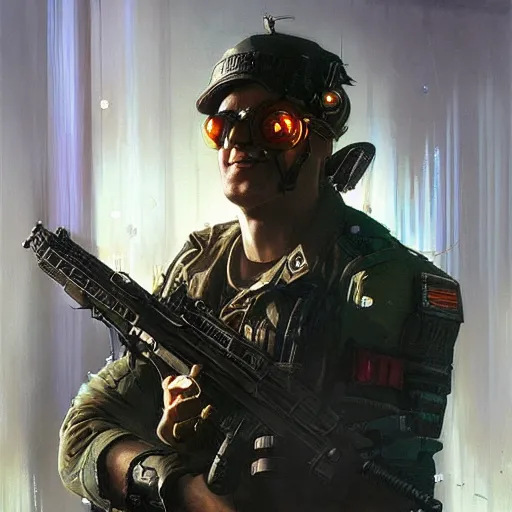 Prompt: portrait of soldier armed with a bubble gun. shadowrun cyberpunk fantasy detailed painting by craig mullins. cute bubbles and big smile