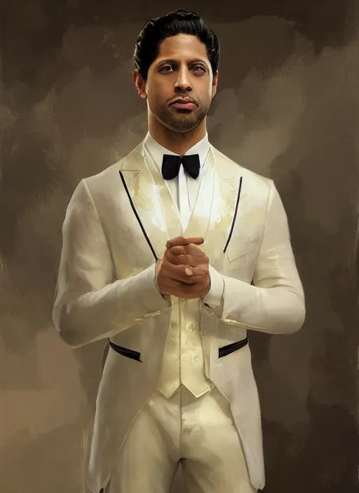 Prompt: a professional painting of Adam Rodriguez as a handsome young prince, wearing an high fashion paper tuxedo, intricate, elegant, digital painting, concept art, smooth, sharp focus, illustration, from Metal Gear, by Ruan Jia and Mandy Jurgens and Artgerm and William-Adolphe Bouguereau