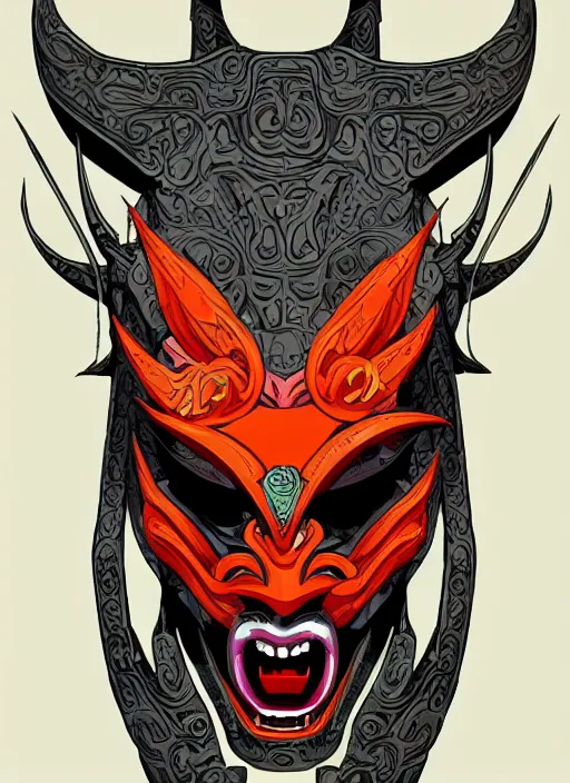 Image similar to Demon Samurai Mask, in the style of Sam Guay and James Jean, extremly detailed, flat illustration, trending on artstation