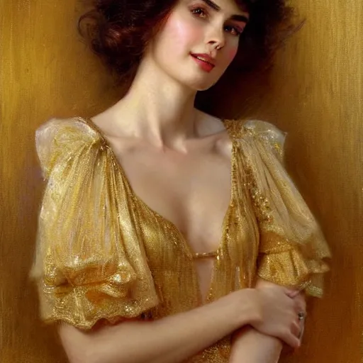 Image similar to detailed portrait of lilly collins in gold clothes, spring light, painting by gaston bussiere, craig mullins, j. c. leyendecker