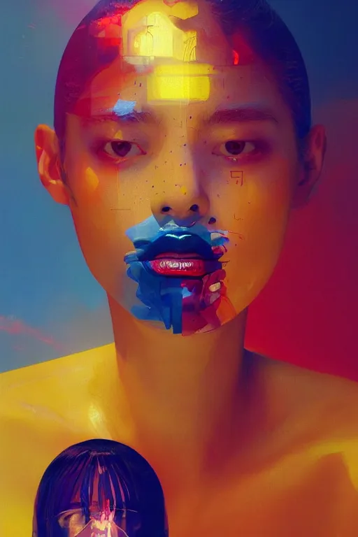 Image similar to 3 d, sci - fi, sun rays, sleepy fashion model face, yellow faces, cinematic, vogue cover style, poster art, light red and deep blue mood, realistic painting, intricate oil painting, high detail, figurative art, multiple exposure, poster art, 3 d, by tooth wu and wlop and beeple and greg rutkowski