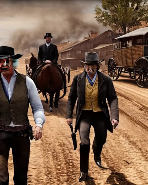 Prompt: Donald Trump, Joe Biden and Hillary Clinton in RDR2. They are robbing a stagecoach as a team. Alex Jones is riding the stagecoach. gameplay screenshot. Ultra Realistic graphics. Unreal Engine 5.