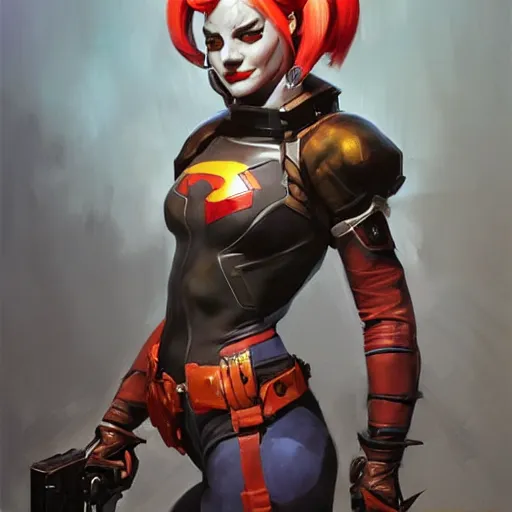 Image similar to greg manchess portrait painting of armored harley quinn as overwatch character, medium shot, asymmetrical, profile picture, organic painting, sunny day, matte painting, bold shapes, hard edges, street art, trending on artstation, by huang guangjian and gil elvgren and sachin teng