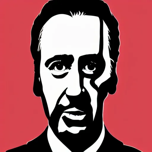 Image similar to a simplified black and white vector based illustration of Nicholas Cage, created in Adobe illustrator, black ink shading on white background, smooth vector curves, vinyl cut ready