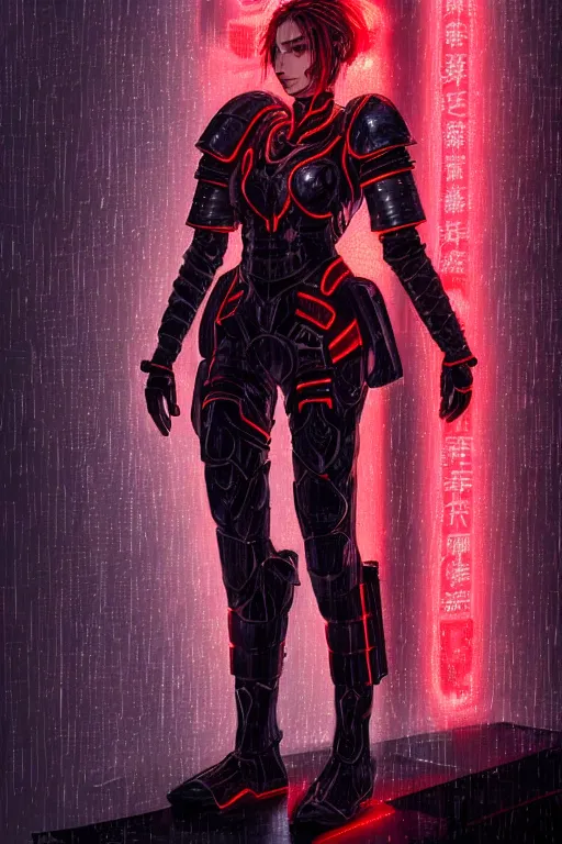 Image similar to portrait of evilly and strong stunning futuristic knights of Zodiac girl, black and red copper armor, in futuristic heavily raindrop tokyo rooftop cyberpunk night, ssci-fi, fantasy, intricate, very very beautiful, elegant, neon light, highly detailed, digital painting, artstation, concept art, human anatomy, soft light, hdri, smooth, sharp focus, illustration, art by tian zi and craig mullins and WLOP and alphonse mucha