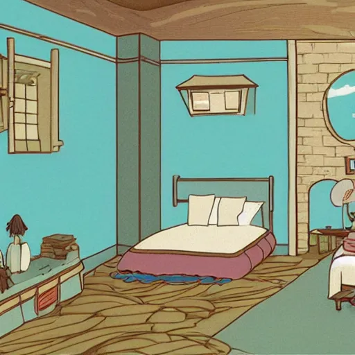 Image similar to a bedroom in the style of studio ghibli