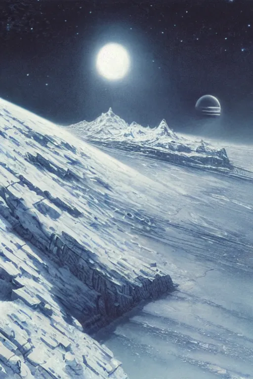 Prompt: emissary space by arthur haas and bruce pennington and john schoenherr, cyborgs, cinematic matte painting, 8 k, planet hoth, dark color palate, mountainscape