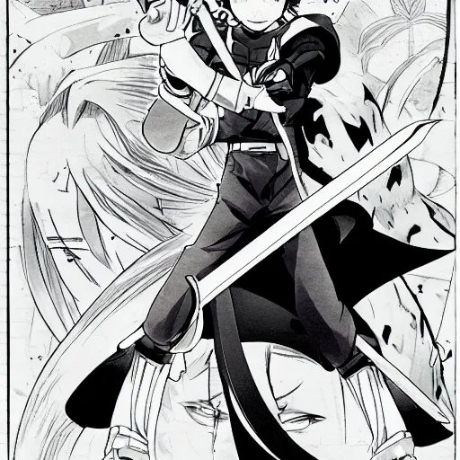 Image similar to young anime hero with a sword, illustrated by mato and ken sugimori, studio ghibili, manga, black and white illustration