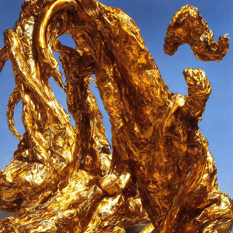 Image similar to vintage color photo of a giant 1 1 0 million years old abstract liquid gold sculpture shining and covered by the alien exotic megaflora