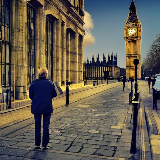 Prompt: a middle aged man explores london, digital art