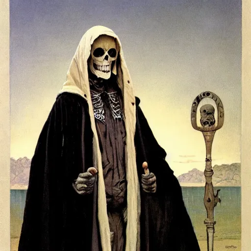 Prompt: portrait of a man in a long flowing hooded cloak and a skull mask, by Gerald Brom and Norman Rockwell