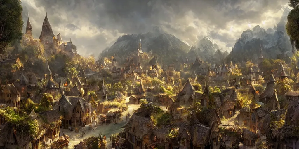 Image similar to beautiful matte painting of a fantasy village by weta workshop 4 k, cinematic dramatic atmosphere, dramatic lighting